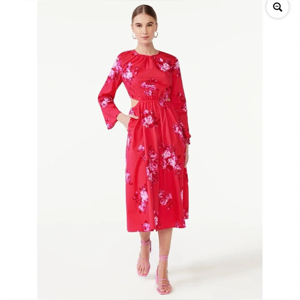 Pink floral long sleeve midi dress - Picture 1 of 8